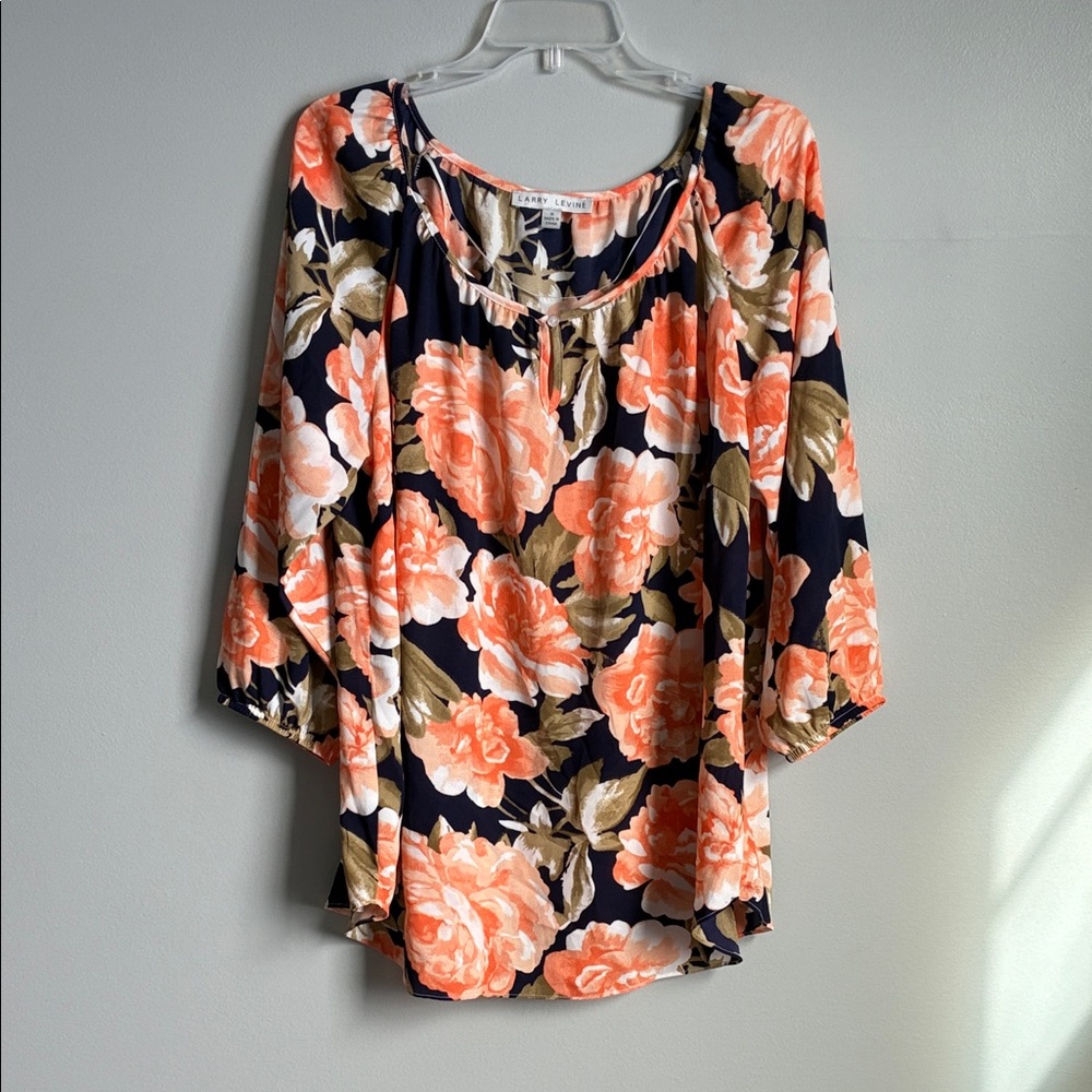 Larry Levine Floral Blouse - Orange and Navy